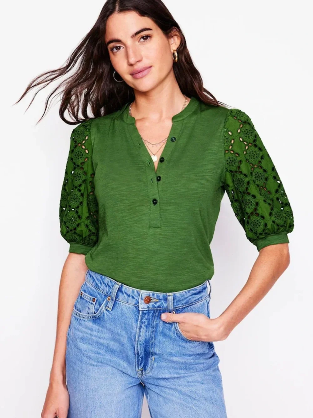 Boden green Eden puff sleeve henley blouse size 8